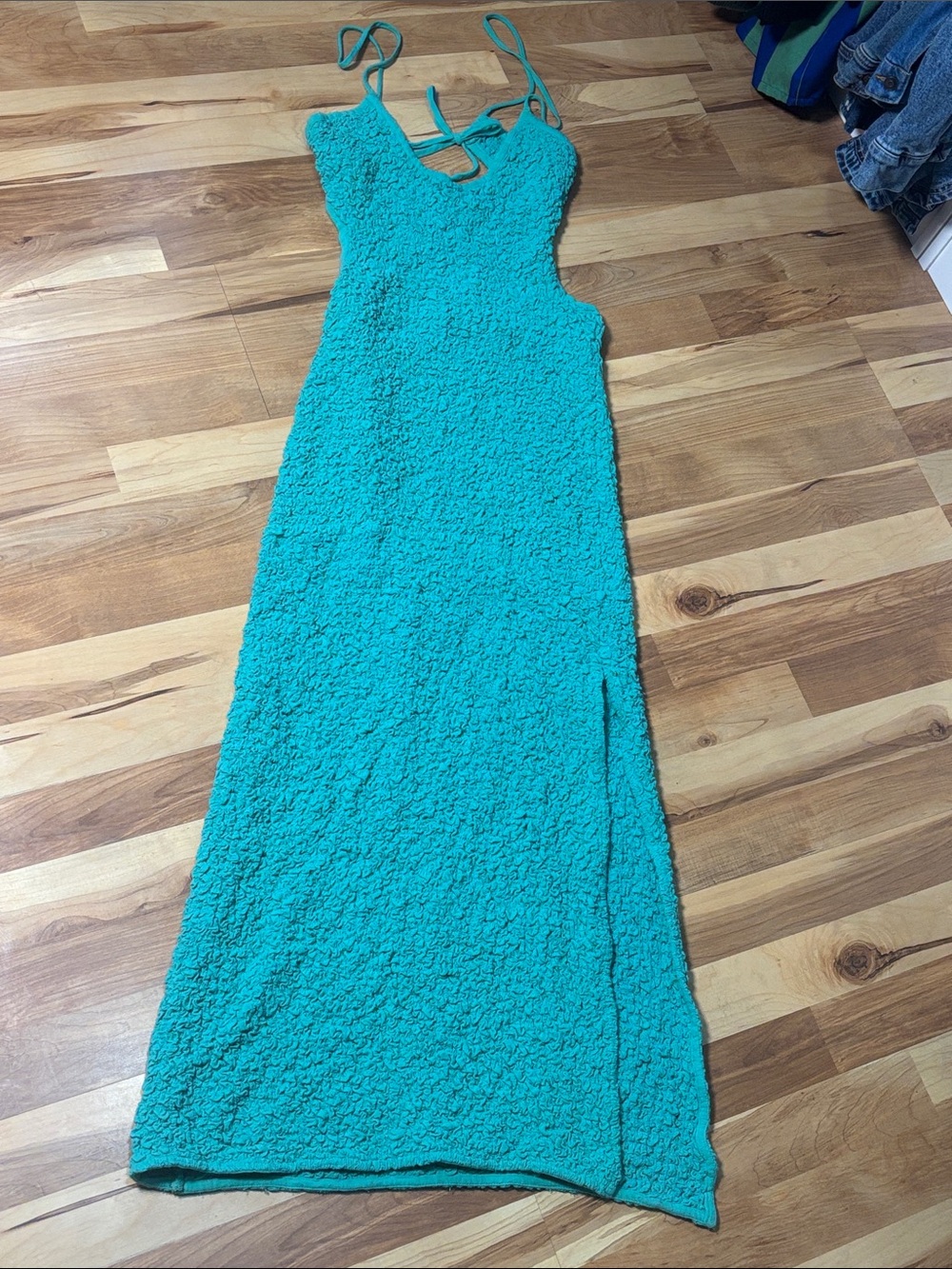 Free People Turquoise Textured Spaghetti-Strap Maxi Dress, Medium